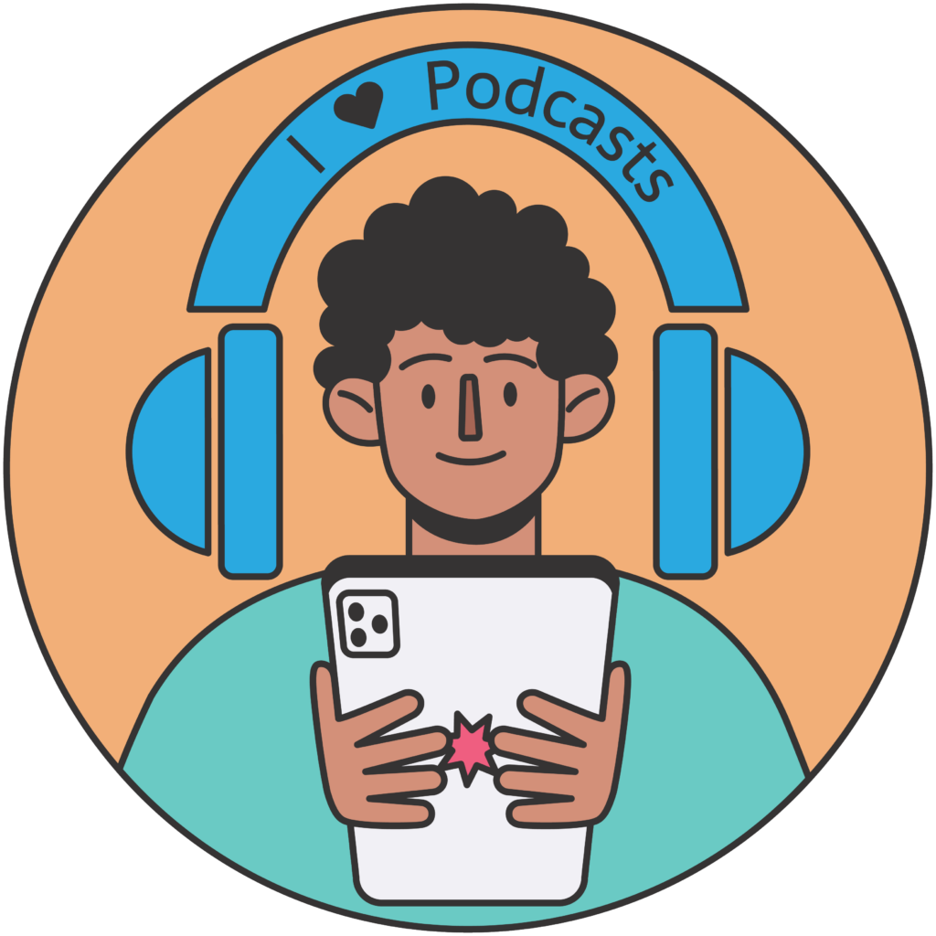 Computer drawn image of a boy with large headphones that say "I heart podcasts"